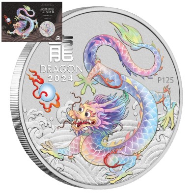 Moneda de Plata 1$ Dollars-Australia-1 oz-Serie Lunar III-Dragon-Color White (blíster ilustrado)-2024