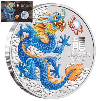 Moneda de Plata 1$ Dollars-Australia-1 oz-Serie Lunar III-Dragon-Color Blue (blíster ilustrado)-2024