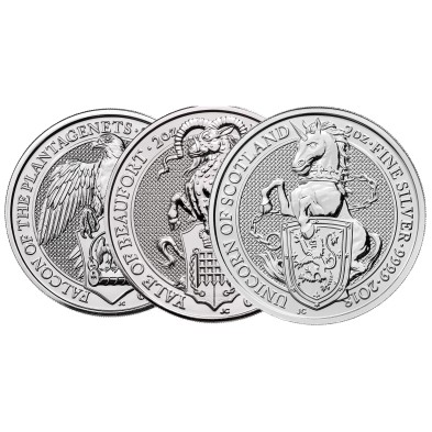 Moneda de Plata 5£ Libras-U.K.-2 oz- Serie Queen's Beasts -Varios Años