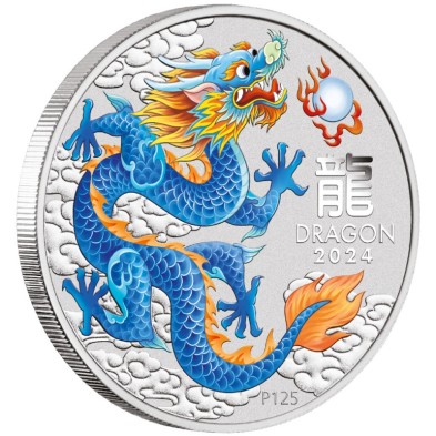 Moneda de Plata 1$ Dollars-Australia-1 oz-Serie Lunar III-Dragon-Color Blue
