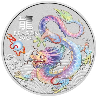 Moneda de Plata 1$ Dollars-Australia-1 oz-Serie Lunar III-Dragon-Color White