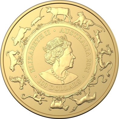 Moneda de Oro 100$ Dollar-Australia-1 oz.-Serie Lunar Buey (Ox) (RAM)-2021