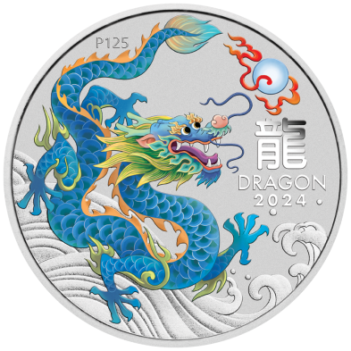 Moneda de Plata 1$ Dollars-Australia-1 oz-Serie Lunar III-Dragon-Color Teal