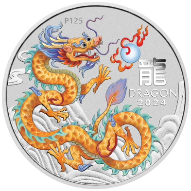 Moneda de Plata 1$ Dollars-Australia-1 oz-Serie Lunar III-Dragon-Color Golden