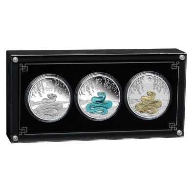 Set Monedas de Plata 1$ Dollar-Australia-1oz (x3)-Serie Lunar III-Snake Proof+Coloured+Gilded-(Caja + COA)-2025